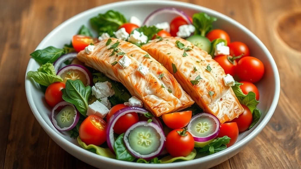 Zesty Lemon Garlic Salmon Salad A delicious Salmon Salad with flaked salmon, mixed greens, tomatoes, cucumbers, and feta on a wooden table.